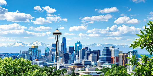 Seattle skyline with modern buildings and green landscape.