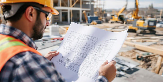 Construction worker reviewing plans at a Nampa job site.