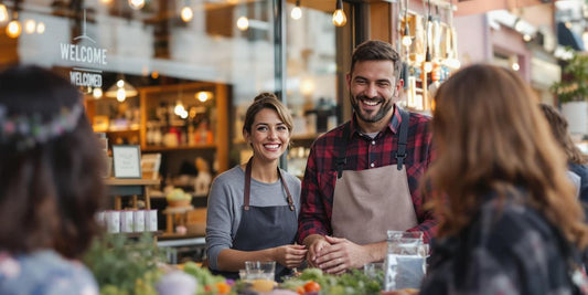 Small business owner engaging with local customers in a shop.