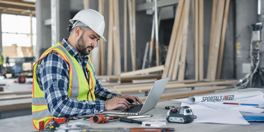Construction worker using a laptop at a job site.