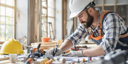 Contractor at work on a construction site with tools.