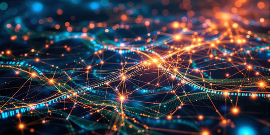 Digital landscape with interconnected nodes illustrating online connectivity.