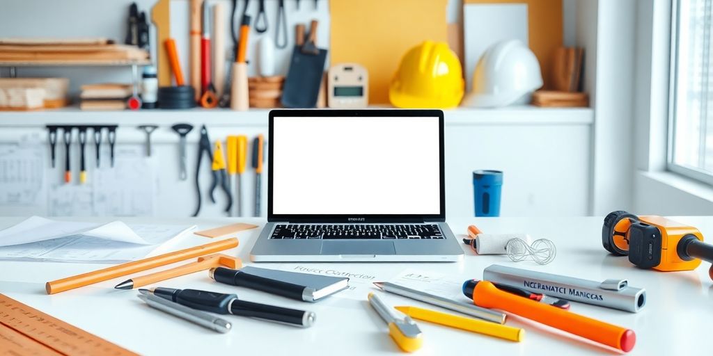 Contractor workspace with tools and a laptop setup.