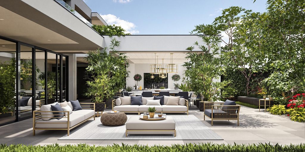 Luxurious outdoor living space with elegant furniture and greenery.