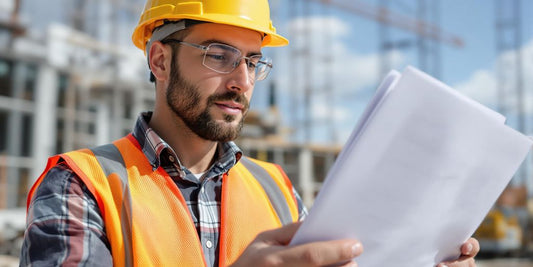 Contractor reviewing blueprints at a construction site.